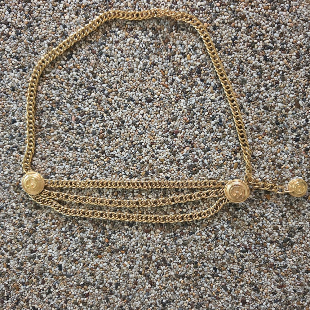 Vintage St John Gold Tone Medallion Multi Strand Curb Chain Belt SJ Logo